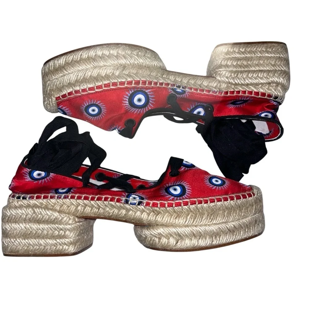 Christian Louboutin Red Espadrilles Evil Eye Platform Lace Up 9 39.5 Resort 🟡